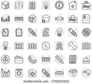 Editable thin line isolated vector icon set - pencil, percent, equalizer, info, bone vector, brain, bridge, 3d, smart house, fence, bulb, connect, eggplant, washer, cake, annual report, pound, medal