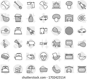 Editable thin line isolated vector icon set - chicken leg, head reflector vector, bone, skull, flower bed, insurance, rocket, aquapark, dog, satellite, kettle, sieve, shovel, goose, eggplant, sheep