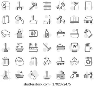 Editable thin line isolated vector icon set - uv cream, broom, soap vector, plunger, vacuum cleaner, mop, scoop, rake, sponge, towel, trash bin, water tap, shining, window cleaning, welcome mat