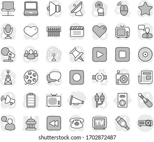 Editable thin line isolated vector icon set - loudspeaker, goverment house, speaker, connect vector, wireless mouse, satellite antenna, cinema clap, film spool, disk, microphone, radio, newspaper