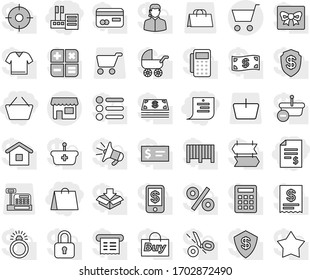 Editable thin line isolated vector icon set - basket, account balance, store, shopping list, bag, cart, shop, cashbox, gift vector, credit card, cash, percent, support, target, buy, barcode, reader