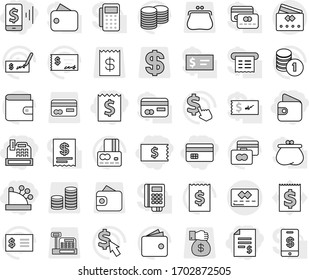 Editable thin line isolated vector icon set - credit card, receipt, account balance, mobile pay, wallet, cashbox, vector, coin stack, check, dollar cursor, purse, money gift, reader, tap