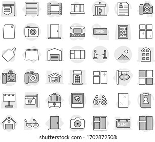 Editable thin line isolated vector icon set - shop signboard, building, window, door, arch, vip fence, detector, photo, landscape, curtain, dresser, rack, camera vector, barn, cleaning, shining