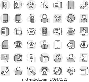 Editable thin line isolated vector icon set - mobile pay, phone, 24, support manager, location, checking, camera, intercome, vector, laptop wifi, office, touchscreen, sim card, no signal, traking