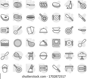 Editable thin line isolated vector icon set - chicken leg, cafe, restaurant, table, Chair for babies, pan, skimmer, knife holder, chef, microwave oven, cooking book, plates, fork spoon plate, steake