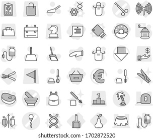 Editable thin line isolated vector icon set - remove from basket, shopping list, donut, mortar vector, sperm, surgical clamp, measuring tape, stadium, palm, wireless, scoop, magnetic field, dna, bag