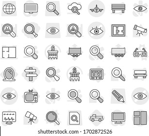 Editable thin line isolated vector icon set - magnifier, singlepost, eye vector, plan, plane, mirror, tv, 3d glasses, pickup, telescope, bank building, truck trailer, search document, globe, marker