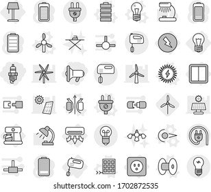 Editable thin line isolated vector icon set - megafon, spark plug, bulb, air conditioning, electricity, power socket, switch, mixer, coffee maker, floor lamp, photon vector, magnetic field, coil