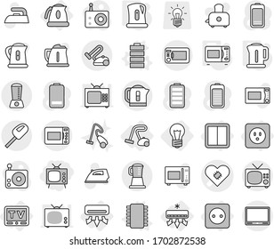 Editable thin line isolated vector icon set - tv, pacemaker vector, bulb, air conditioning, power socket, switch, kettle, vacuum cleaner, chip, battery, microwave oven, iron, toaster, radio, blender
