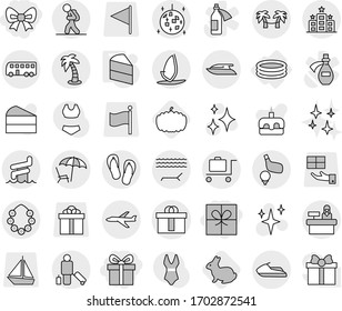 Editable thin line isolated vector icon set - gift, bow, hi quality package, plane, bus, tourist, passenger, lounger, palm, hawaiian wreath, disco ball, aquapark, baggage trolley, hotel, reception