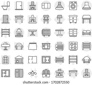 Editable thin line isolated vector icon set - door, arch window, plan, rack, restaurant, curtain, table, nightstand, chest of drawers, wardrobe, dresser, stool, chair, armchair, crib, fireplace, hob