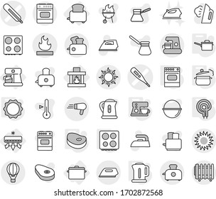 Editable thin line isolated vector icon set - medical thermometer vector, flammable, air ballon, sun, conditioning, coffee maker, toaster, pan, fireplace, saute, steam, kettle, elecric oven, hob
