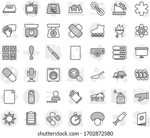 Editable thin line isolated vector icon set - cashbox, calculator, tv, pill vector, project, house with garage, sun, do not distrub, surveillance camera, cutting board, kitchen scales, cook glove