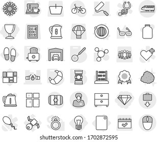 Editable thin line isolated vector icon set - diamond, wineglass, drawbridge, repair, support manager, train, baggage get, bulb, cutting board, slippers, orbit vector, skimmer, toaster, coffee maker