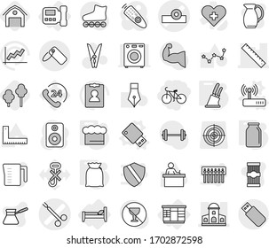 Editable thin line isolated vector icon set - bike, head reflector vector, surgical clamp, mansion, ruler, label, intercome, wardrobe, bed, usb flash, router, chief hat, knife holder, bank, flour