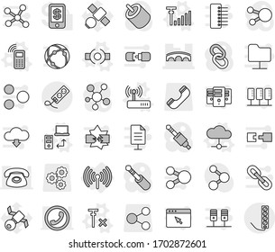 Editable thin line isolated vector icon set - bridge, wireless, connect vector, mobile phone, cloud, data transfer, router, antenna signal, no, molecule, satellite, gear, share, social media, link