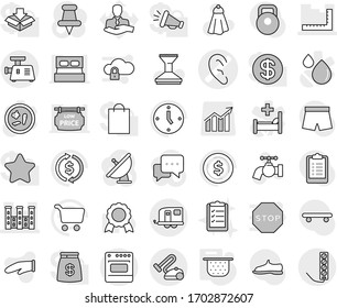 Editable thin line isolated vector icon set - ear vector, ruler, palace, trailer, colander, towel, water tap, car fetlock, clipboard list, cook glove, medal, exchange, dollar coin, cart, clock, stop