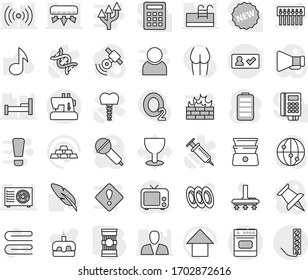 Editable thin line isolated vector icon set - check in, pasta, vacuum cleaner vector, towel, double boiler, plates, cake, pen, music, arrow up, gold ingot, buttocks, oxygen, glass, microphone, tv