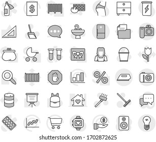 Editable thin line isolated vector icon set - vacuum cleaner vector, scoop, rake, bucket, sink, woman, corner ruler, backpack, presentation, archive, magnifier, graph, cart, investment, receipt
