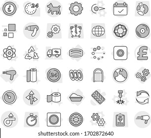 Editable thin line isolated vector icon set - info, trip, terms, route, earth, dog, lifebuoy, barometer, ring button, washing, inflatable pool, hair dryer, gears vector, atom, photon, laser, recycle