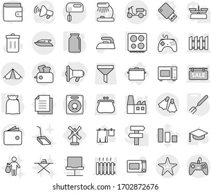 Editable thin line isolated vector icon set - megafon, fence, scooter shipping, tent, starfish, flippers, yacht, pan, usb flash vector, big fork, hob, bank, flour, windmill, trash bin, iron, scoop