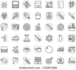 Editable thin line isolated vector icon set - medical thermometer vector, crutch, loading, customs control, iron, gear, plug, satellite antenna, web camera, cd, saute pan, grill oven, double boiler