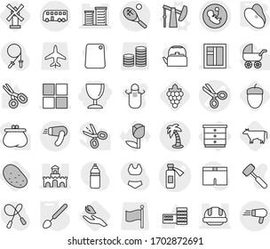 Editable thin line isolated vector icon set - wineglass, pregnancy vector, scissors, potion bottle, window, district, fort, building helmet, bus, palm, tennis, chest of drawers, oil pump, big spoon