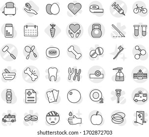 Editable thin line isolated vector icon set - syringe vector, broken bone, head reflector, hospital, ambulance car, health care, doctors hammer, heavy, toaster, hand leaf, carrot, soap, liquid, drop