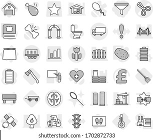 Editable thin line isolated vector icon set - funnel, scissors vector, brain, bridge, skyscrapers, modern architecture, fence, arch, truck shipping, perishable, thermometer, curtain, battery, potato