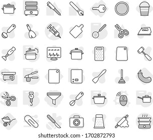 Editable thin line isolated vector icon set - funnel, syringe vector, key, cutting board, wireless mouse, pan, saute, steam, kitchen scales, handle, garlic clasp, skimmer, double boiler, wheelbarrow