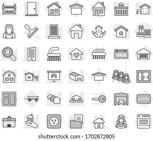Editable thin line isolated vector icon set - store, home, skyscraper, houses, warehouse, door, presentation, university, dome house, gothic architecture, real estate, power socket, garage, window