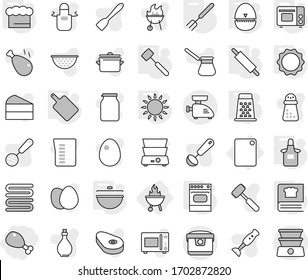 Editable thin line isolated vector icon set - chicken leg, cutting board, bbq, cauldron, chief hat, apron, egg timer, big fork, rolling pin, meat hammer, grill oven, gas, induction, cooking book