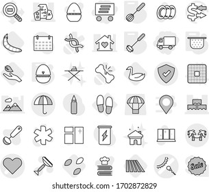 Editable thin line isolated vector icon set - delivery, heart vector, sperm, modern architecture, block wall, dry cargo, protected, palm hammock, slippers, cpu, colander, egg timer, whisk, seeds