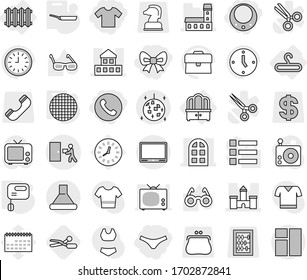 Editable thin line isolated vector icon set - bow, necklace, phone, t shirt, underpants, castle, mansion, cottage, arch window, courier delivery, disco ball, dresser, hanger, radiator, pan, mixer