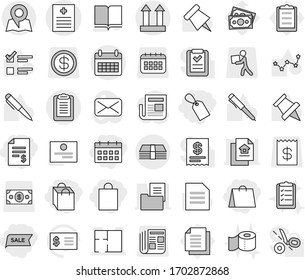 Editable thin line isolated vector icon set - account balance, shopping bag, label, sale, calendar, recipe vector, plan, money, clipboard, cargo top sign, map, toilet paper, list, book, pen, pin