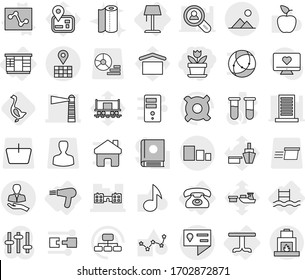 Editable thin line isolated vector icon set - flower, lighthouse, school, location details, map, client, sorting, landscape, table, wardrobe, phone, hair dryer, pool, floor lamp, analytics vector