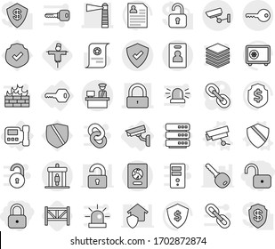 Editable thin line isolated vector icon set - lock, unlock, lighthouse, customs control, protected, detector, passport, surveillance, key, identity card, intercome, camera, vector, shield, scarecrow
