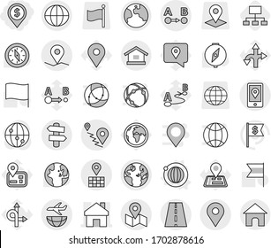 Editable thin line isolated vector icon set - dollar pin, home, road, geo, globe, map, route a to b, mobile location, plane shipping, earth, signpost, orbit vector, hierarchy, compass, world, flag