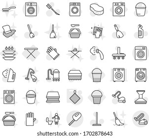 Editable thin line isolated vector icon set - iron board, washing machine, bucket, plate, rag, broom vector, vacuum cleaner, mop, sponge, car fetlock, steaming, washer, powder, cleaning agent, brush