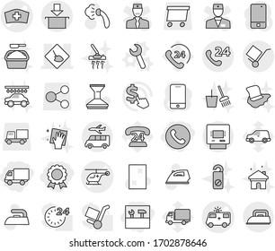 Editable thin line isolated vector icon set - delivery, medal, phone, tools, ambulance car vector, helicopter, medical hat, under construction, 24, trolley, package, atm, transfer, wrench, fetlock