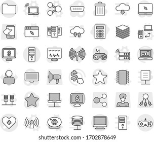 Editable thin line isolated vector icon set - calculator, pacemaker vector, documents, wireless, share, chip, antenna, laptop wifi, server, data transfer, web camera, browser window, trash bin, hdmi