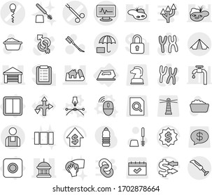 Editable thin line isolated vector icon set - monitor pulse vector, sperm, surgical clamp, project, goverment house, garage, insurance, workman, tent, power switch, ring button, iron, wireless mouse