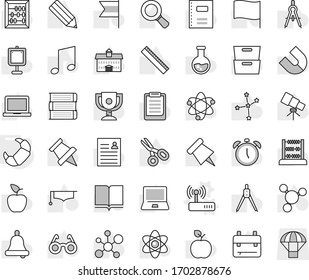 Editable thin line isolated vector icon set - router vector, croissant, book, copybook, graduate hat, university, pencil, ruler, drawing compass, glasses, backpack, apple fruit, atom, telescope