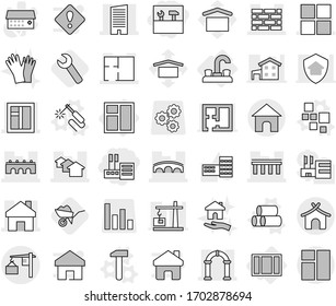 Editable thin line isolated vector icon set - store, tools, bridge, home, skyscraper, houses, window, brick wall, plan, arch, loading, bungalow, water tap, blocks vector, pipes, welding, hammer