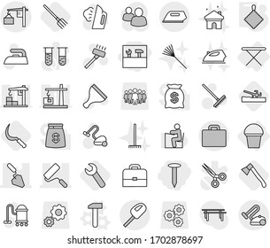 Editable thin line isolated vector icon set - tools, nail, repair, construction, loading, suitcase, iron board, bucket, hammer vector, rag, soil cutter, fork, sickle, axe, wrench, scraper, rake