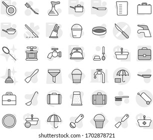 Editable Thin Line Isolated Vector Icon Set - Scalpel Vector, Insurance, Suitcase, Bucket, Saute Pan, Kettle, Knife Holder, Plunger, Water Tap, Fetlock, Car, Toilet Brush, Duster, Measuring Cup