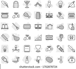 Editable thin line isolated vector icon set - pencil, lipstick, chicken leg, bulb, water tap, welcome mat, drawing pen vector, robot hand, salt pepper, bank, potato, fork, harvest, washboard, glass