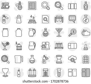 Editable thin line isolated vector icon set - test vial vector, potion bottle, building, window, arch, cargo top sign, acid, chemical, cocktail, coffee maker, magnifier, vegetable oil, spices, jug