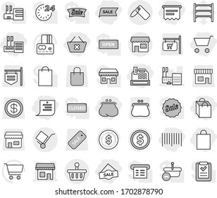 Editable thin line isolated vector icon set - cart, purse, delete, store, shopping list, bag, sale, bar code, cashbox, atm receipt, shop, mall, trolley, label, basket, dollar coin vector, shelving