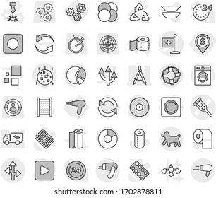 Editable thin line isolated vector icon set - dollar pin, crutch vector, medical flag, draw compass, route, disco ball, dog, lifebuoy, hair dryer, ring button, atom core, laser, recycle, gears, gear